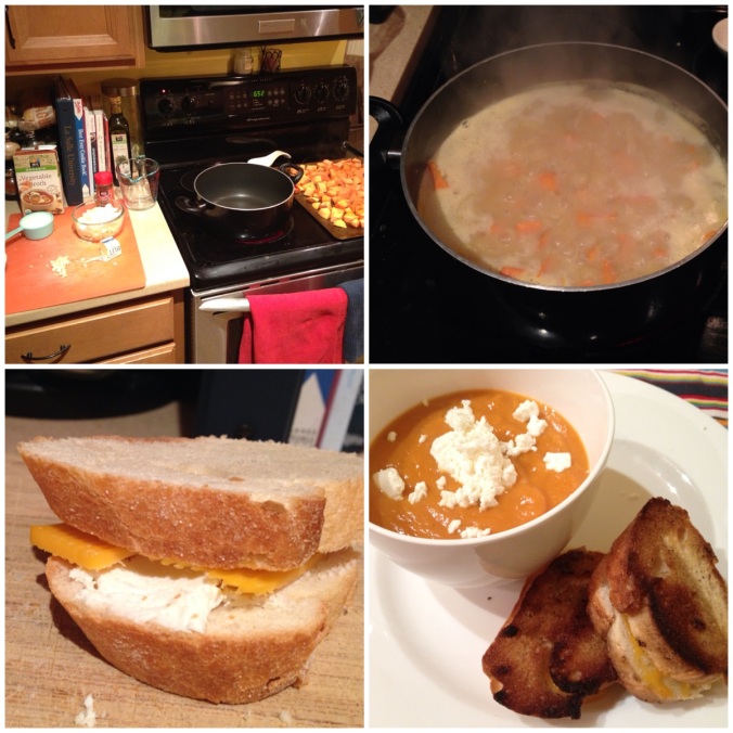Loaded Sweet Potato Soup and Grilled Cheese Sandwiches